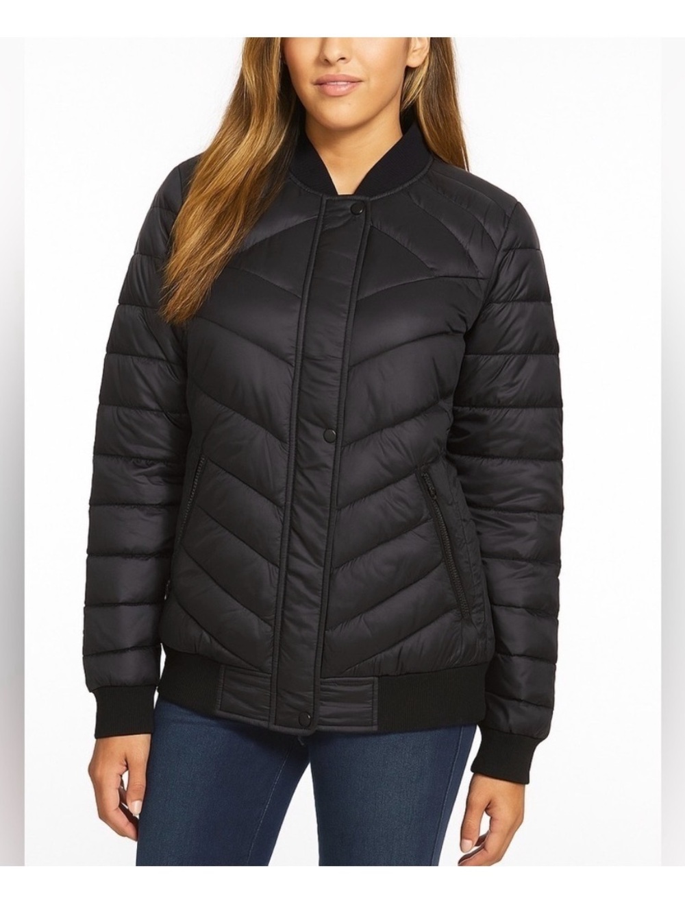 Bernardo Black Quilted Chevron-Style Bomber Jacket. NWT. Size Large. Packable